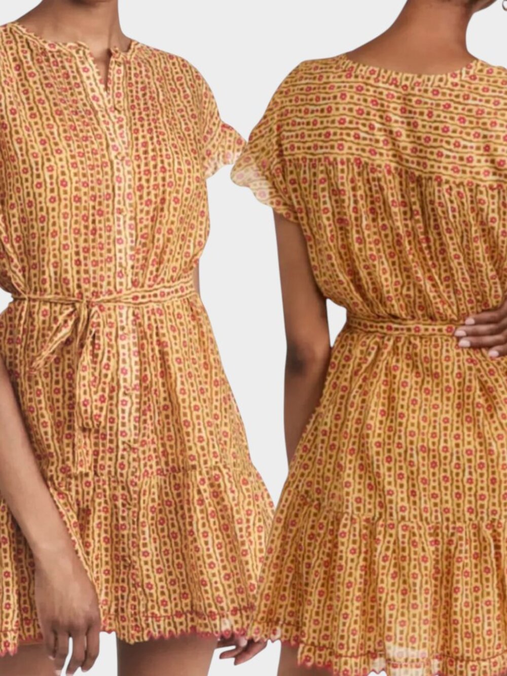 SALONI Yellow Bettie Mini Dress Size 2 Daisy Trail Print Cotton Silk Voile Belt
